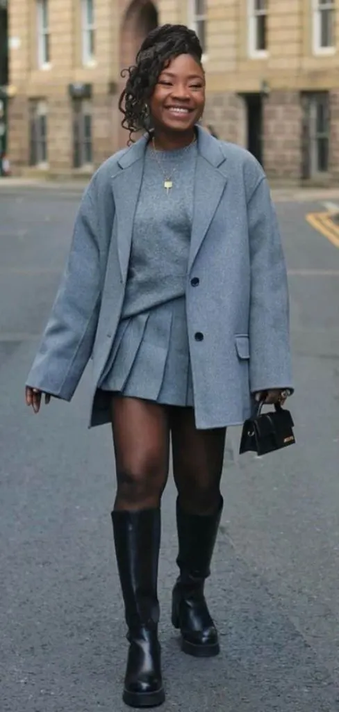 grey monotone mini skirt outfit