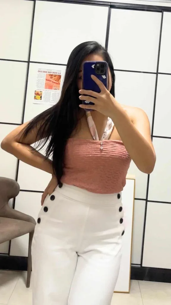 halter neck pink top white jeans