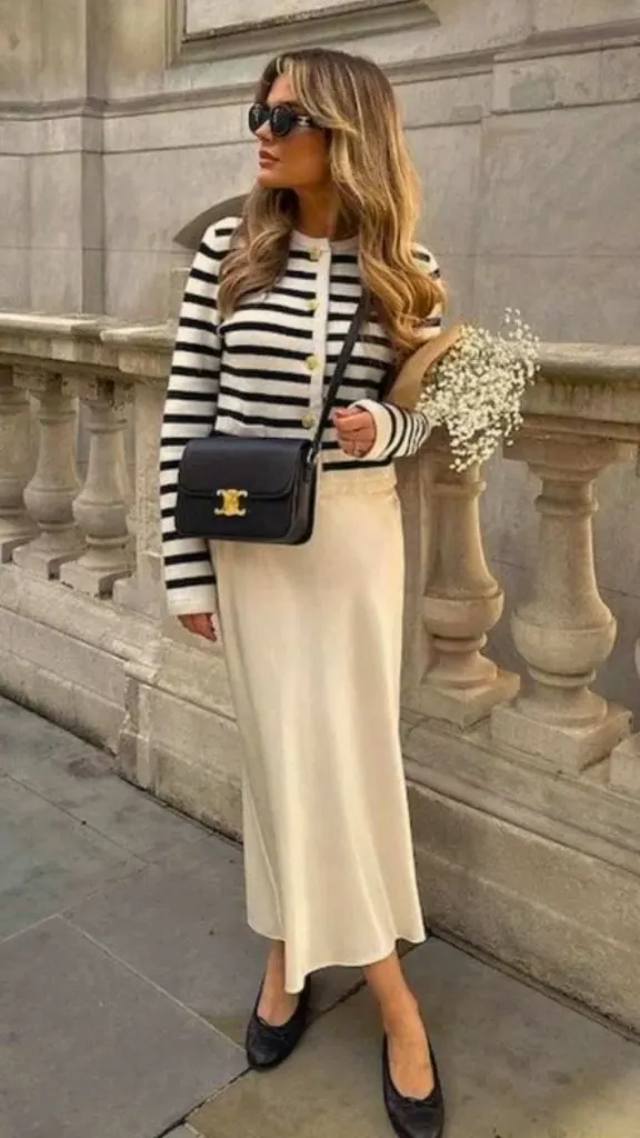Cardigan & satin skirt 