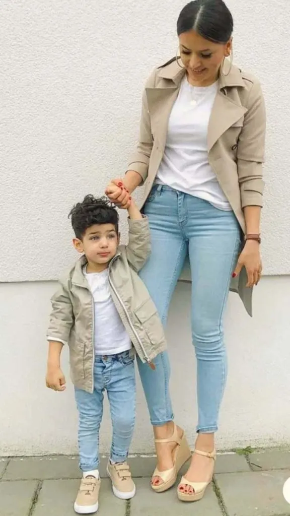 Classy beige mother and son outfit