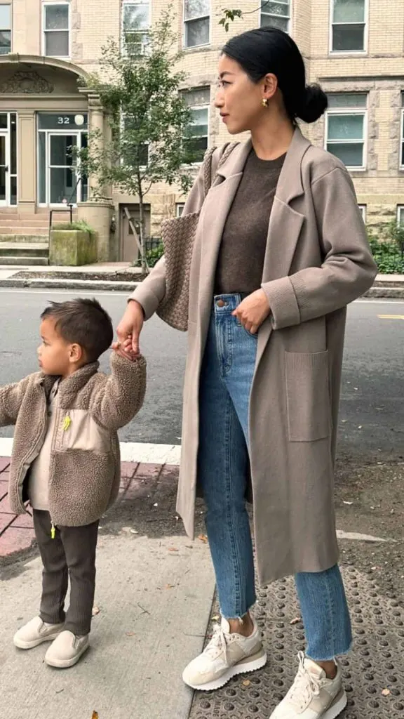 beige outfit mom and son
