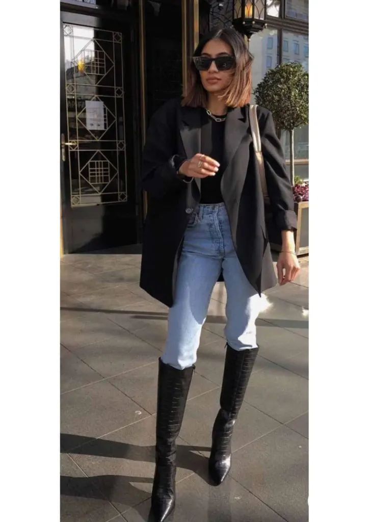 blazer and jeans , boots