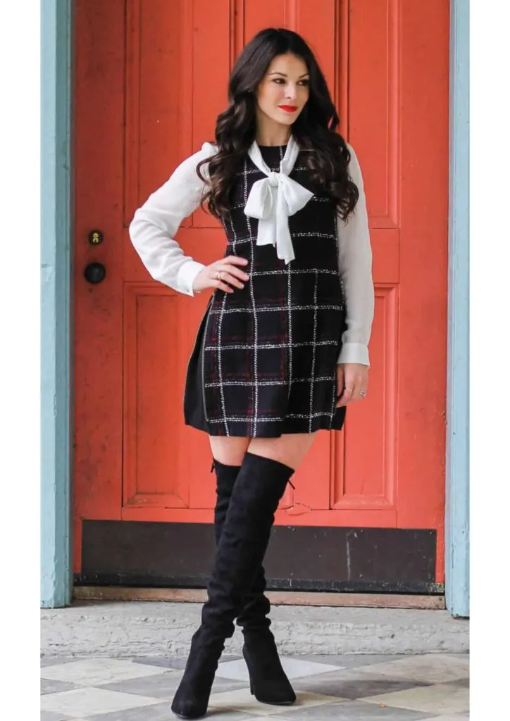 plaid dress over knee boots