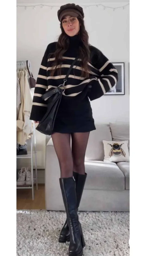 cardigan and sheer tights and boots outfits