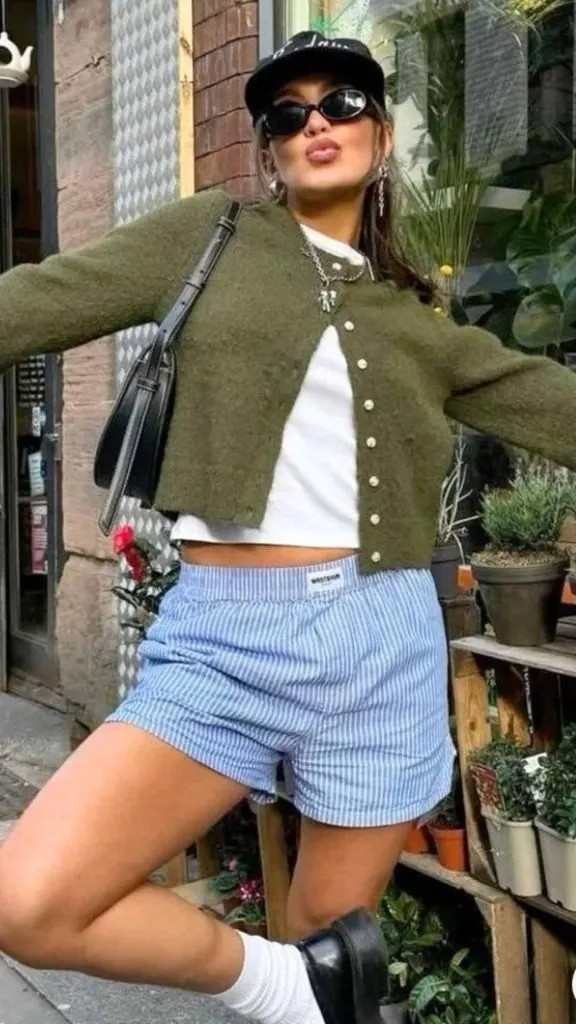 cardigan and boxer shorts and loafers