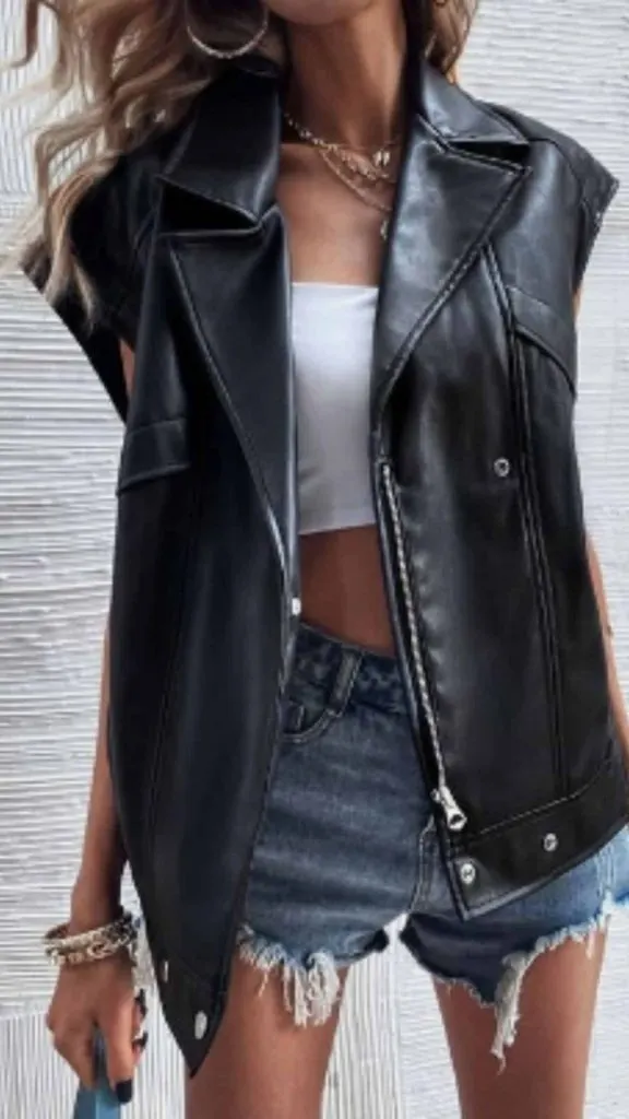 Tube top & oversized leather vest