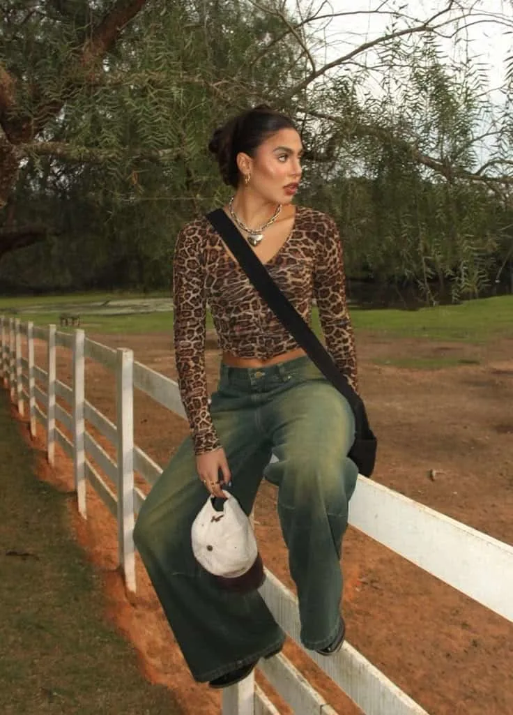 leopard top and acid wash jeans