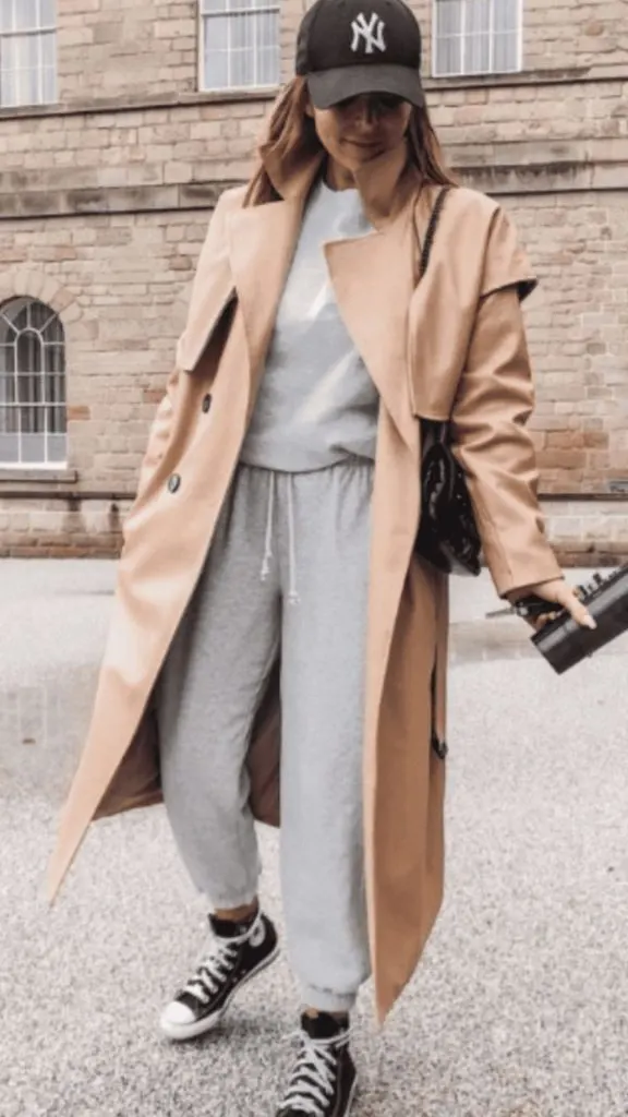 winter converse outfit with trench coat