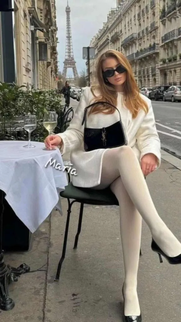 white tights outfit winter fashion