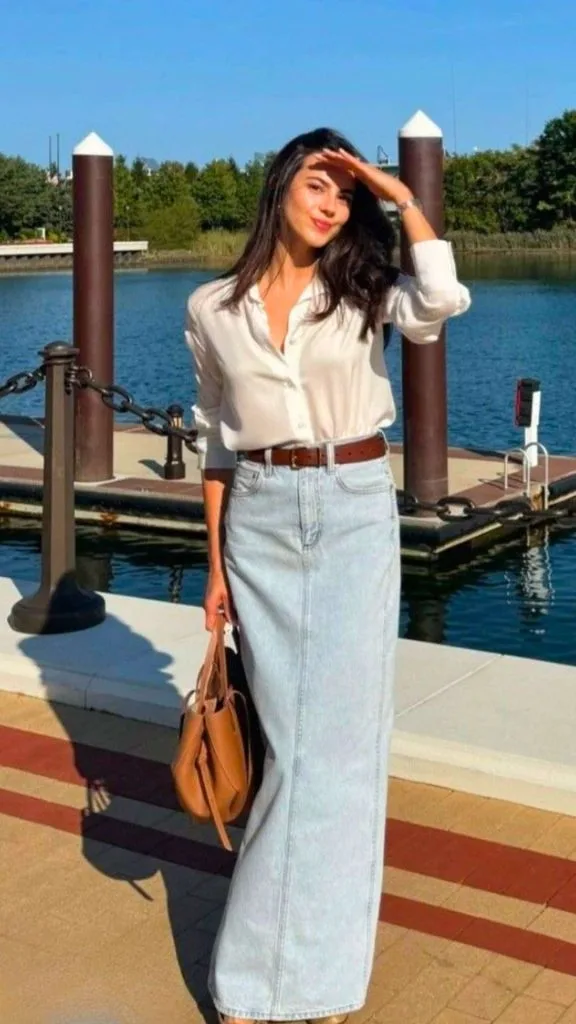 WHITE SHIRT and long denim skirt