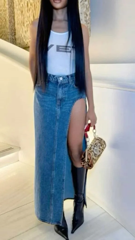 long denim skirt stylish outfit ideas