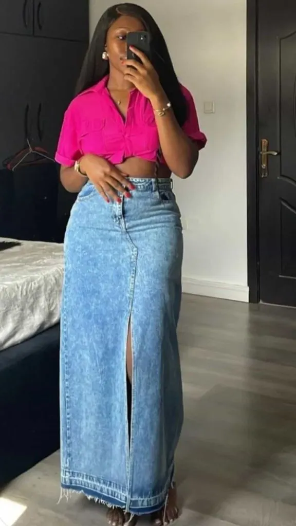 pink top and long denim skirt outfit ideas black women