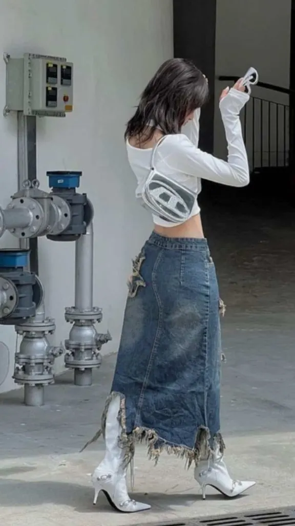 high street denim skirt outfit ideas