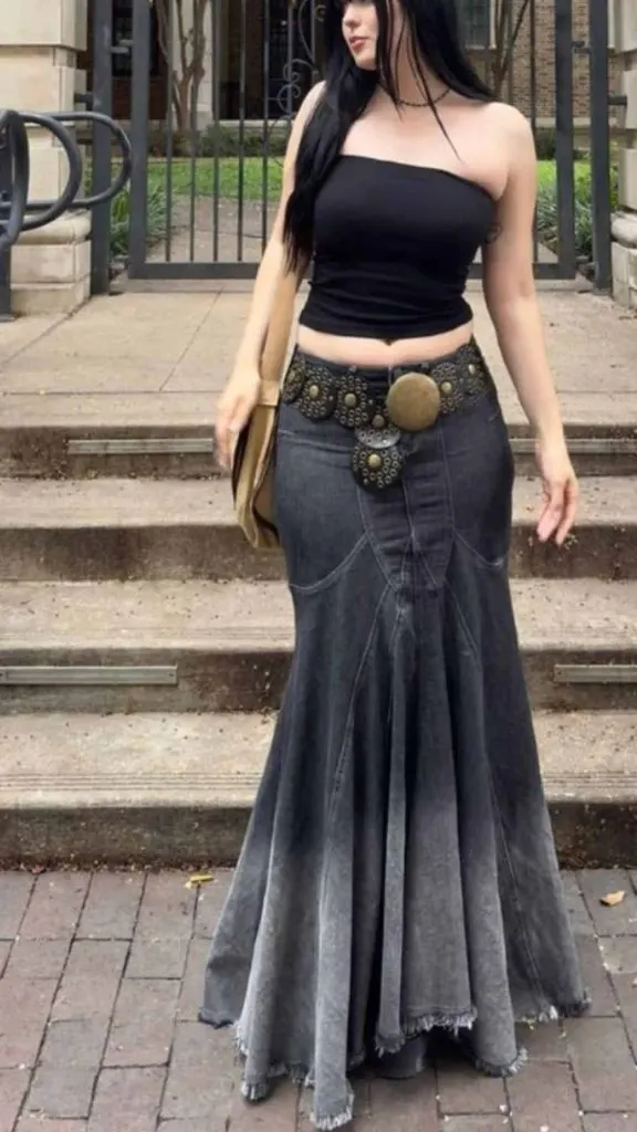 black monochrome tube top denim skirt