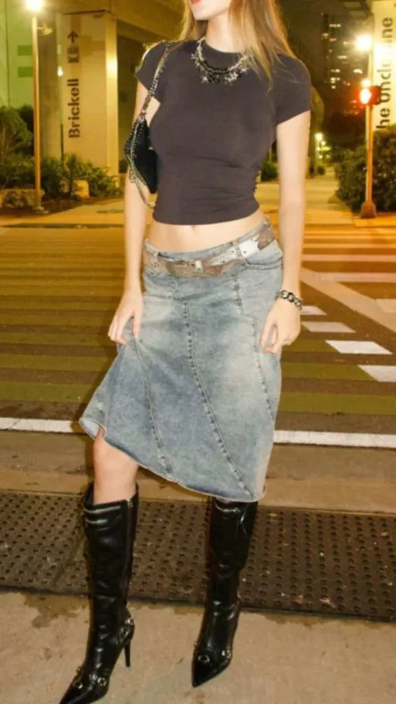 cool midi denim skirt outfit ideas