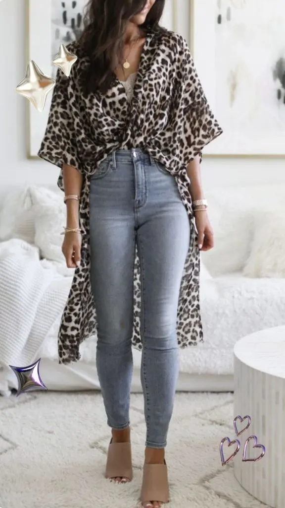leopard kimono and jeans outfits