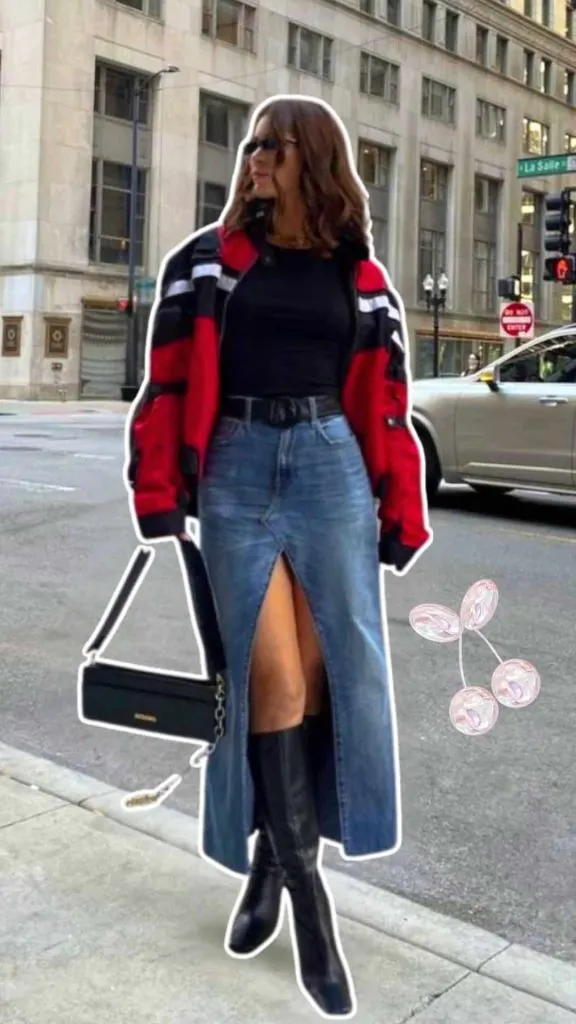 what to wear long denim skirt