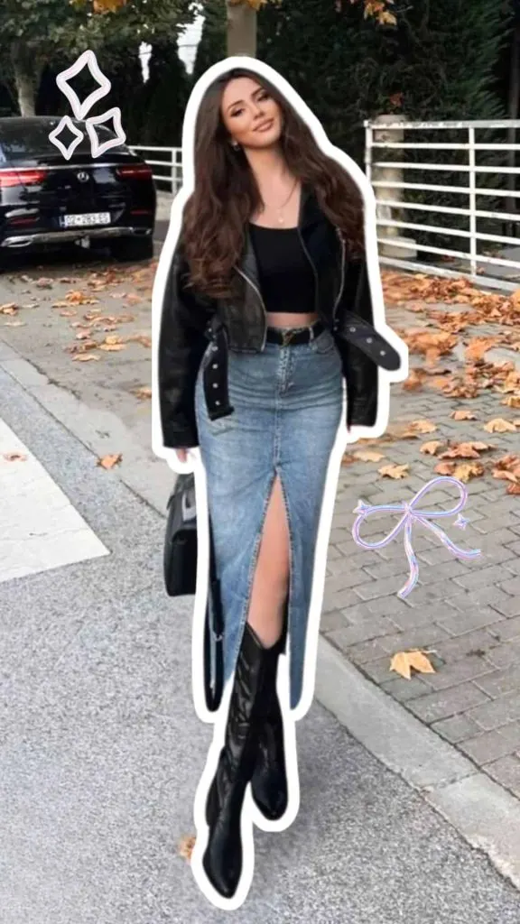 long denim skirt chic look biker jacket