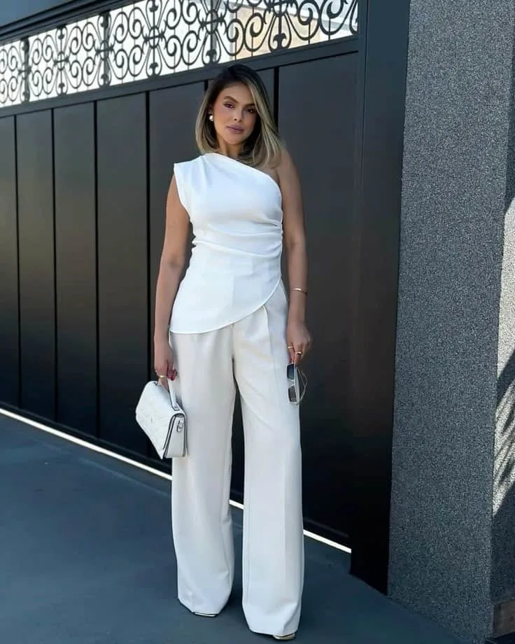 One-shoulder tops  palazzo pants wedding guest outfit ideas with pants