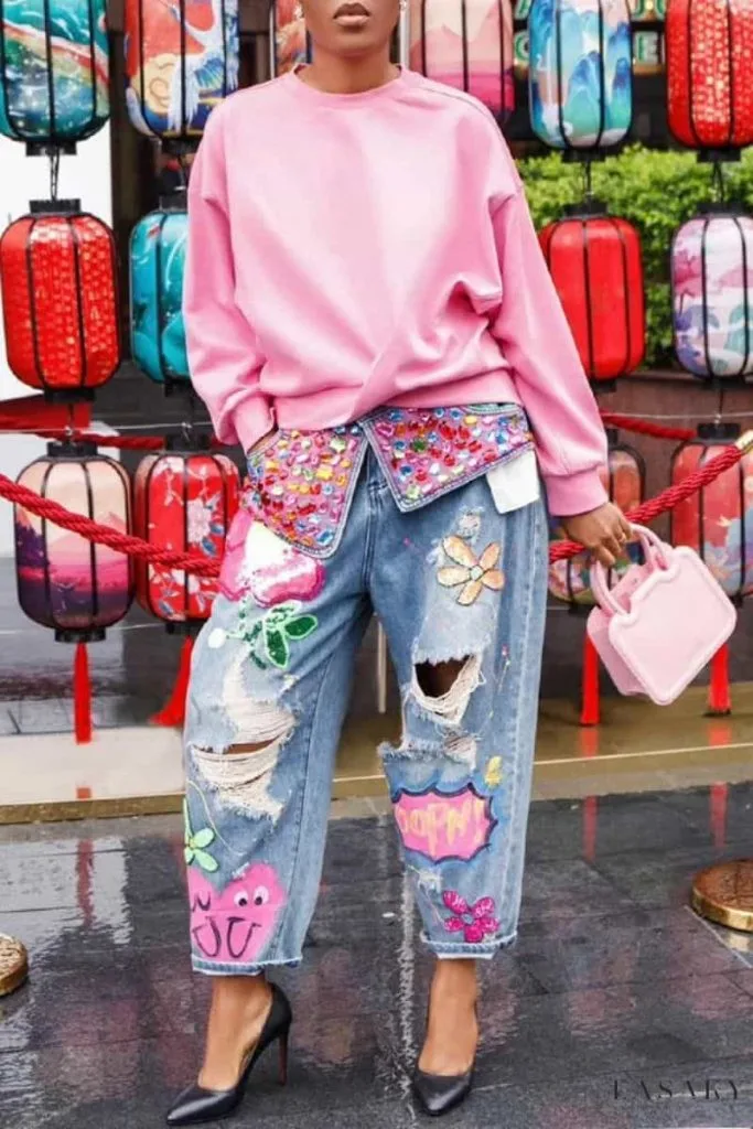pink patchwork jeans and heels