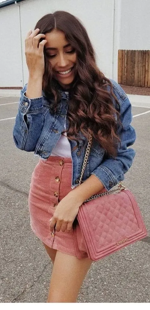 cute pink corduroy skirt outfit