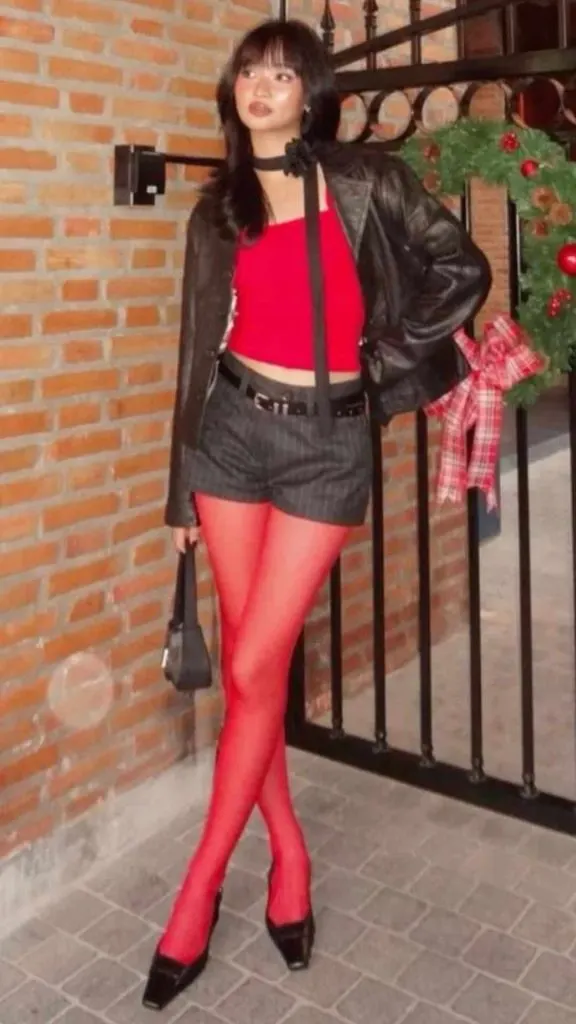 brown outfits and red tights