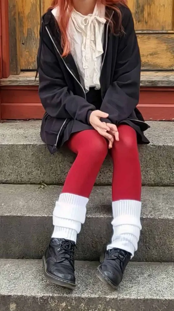 red tights and leg warmers outfit