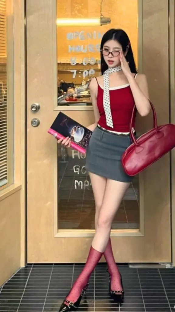 red sheer socks outfit ideas