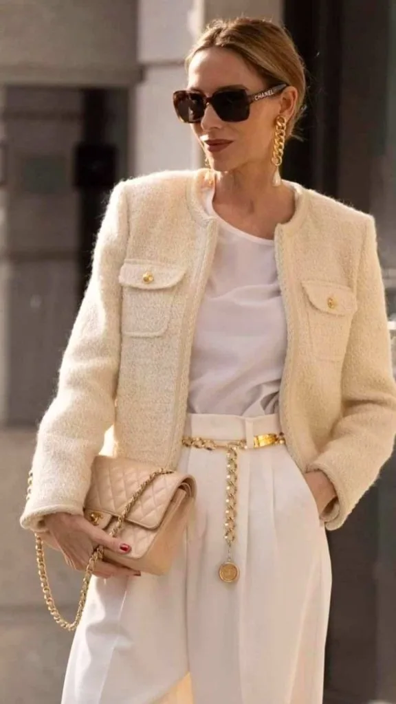 tweed jacket all white outfit