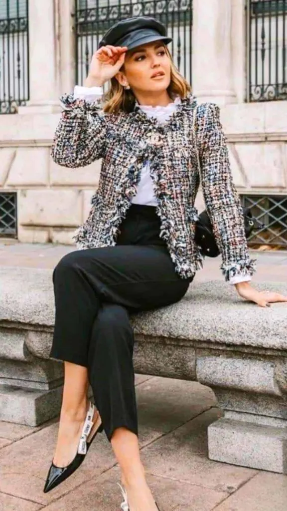 tweed jacket and black pants outfits