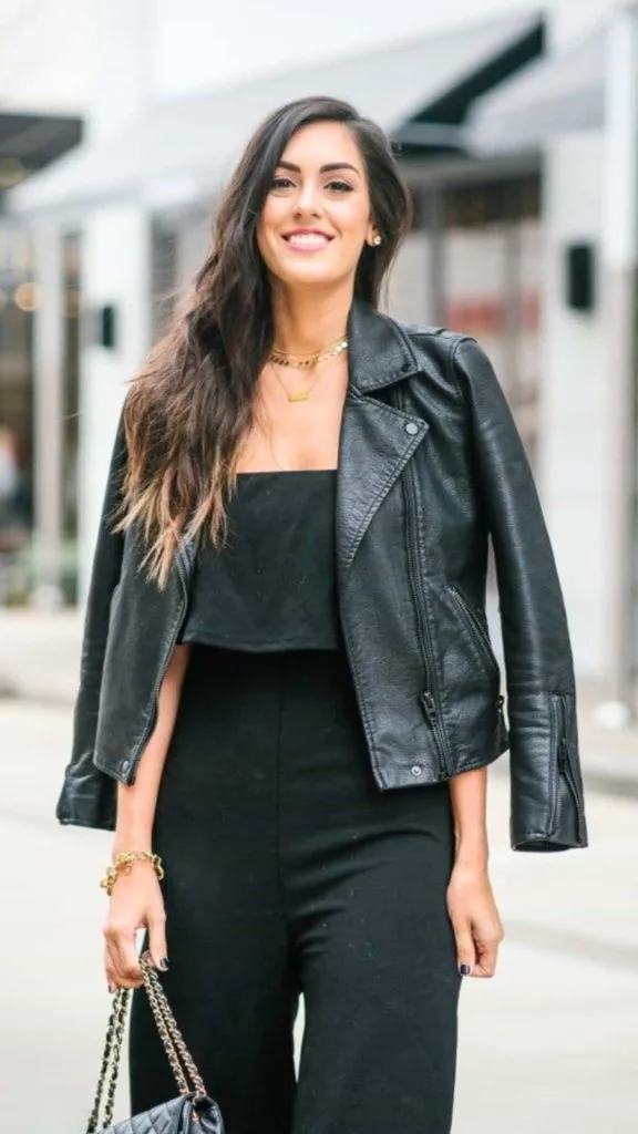 how to style jumpsuit and biker jacket
