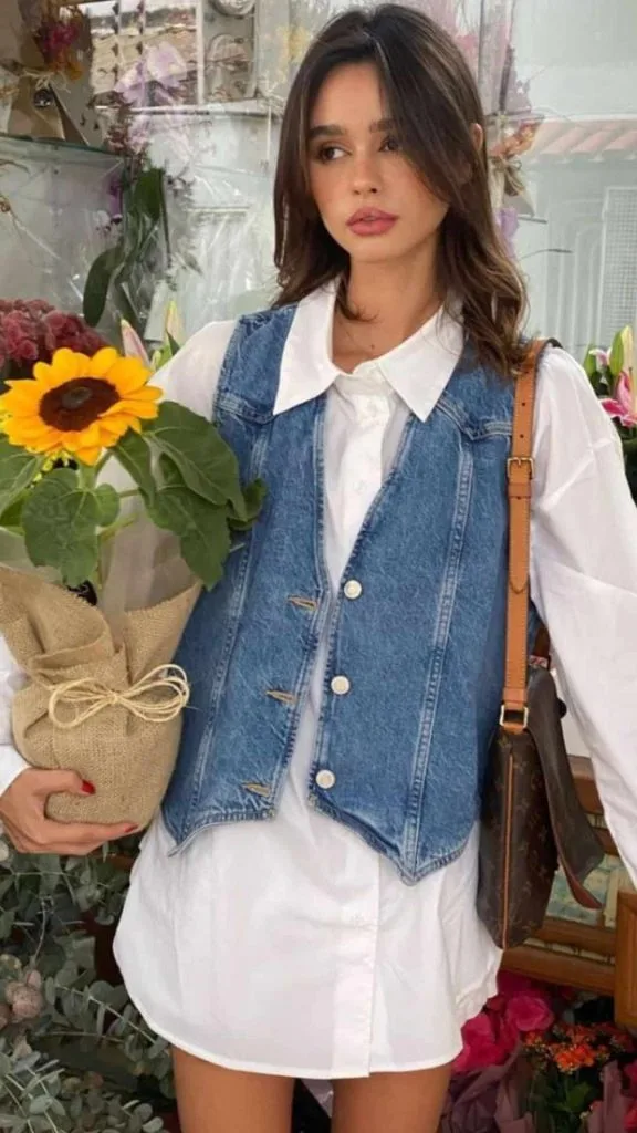 denim vest and white shirt
