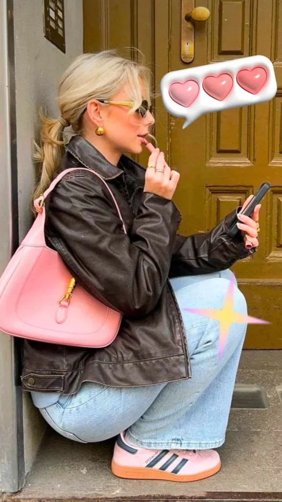 pink sneakers outfit ideas women