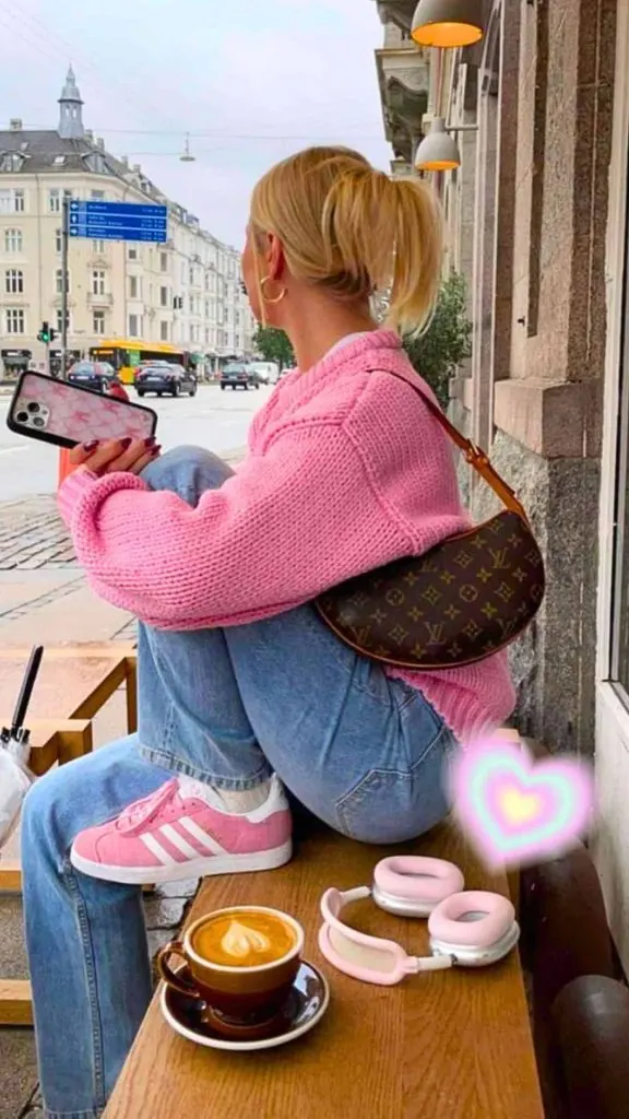 pink sneakers outfit women