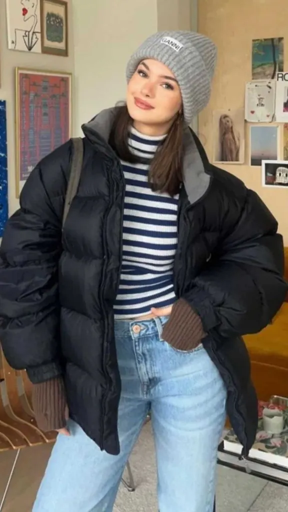 beanie and black puffer jacket