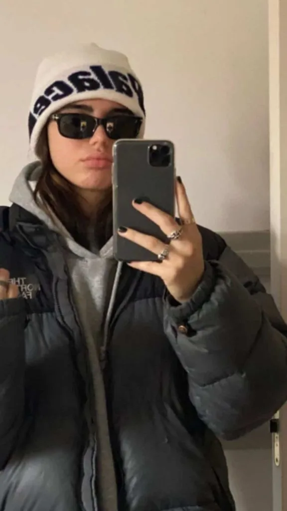 beanie and black puffer jacket