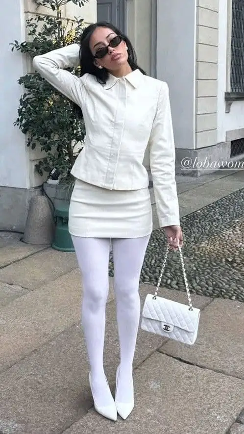 white pantyhose all white outfit