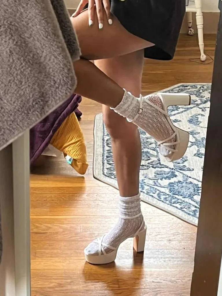 white socks and white platform heels