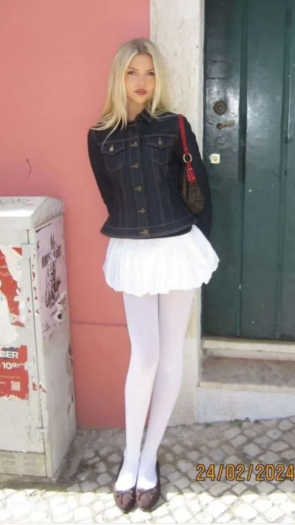 denim jacket and white tights outfit