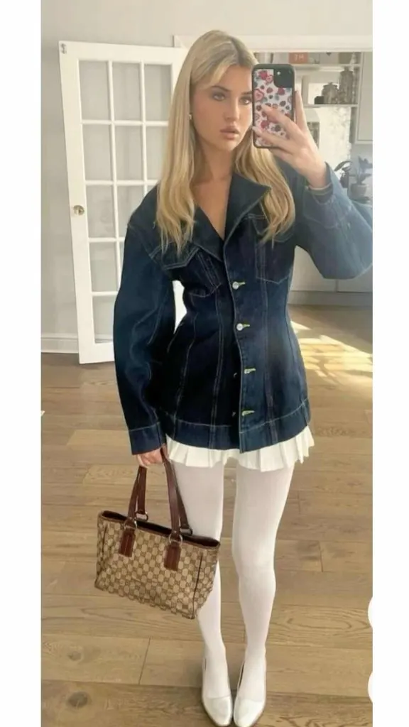 denim jacket and white tights