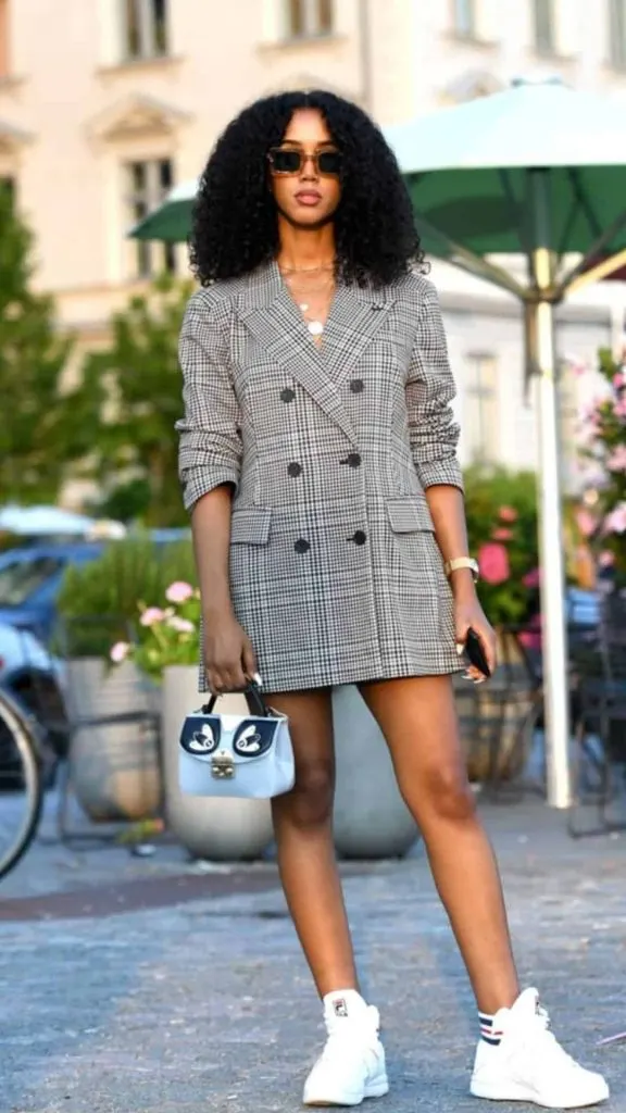 blazer dress and sneakers