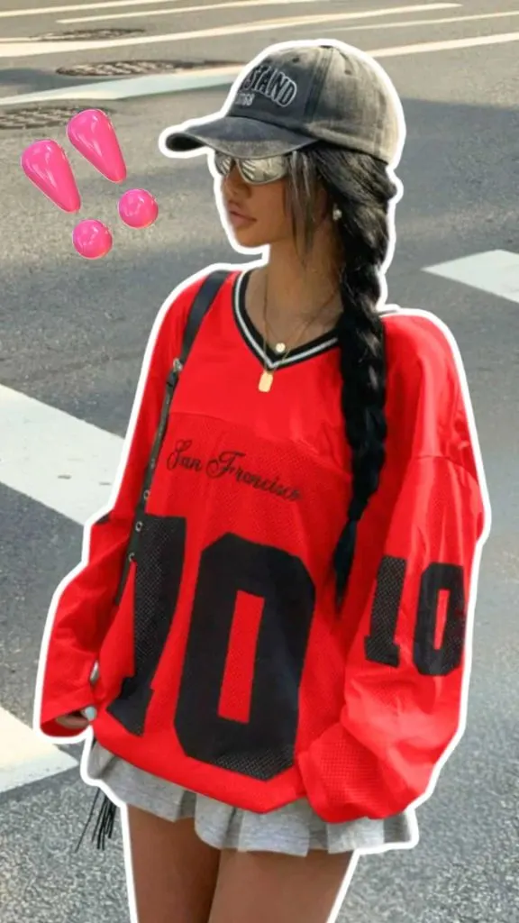 baseball cap, jersey and mini skirt