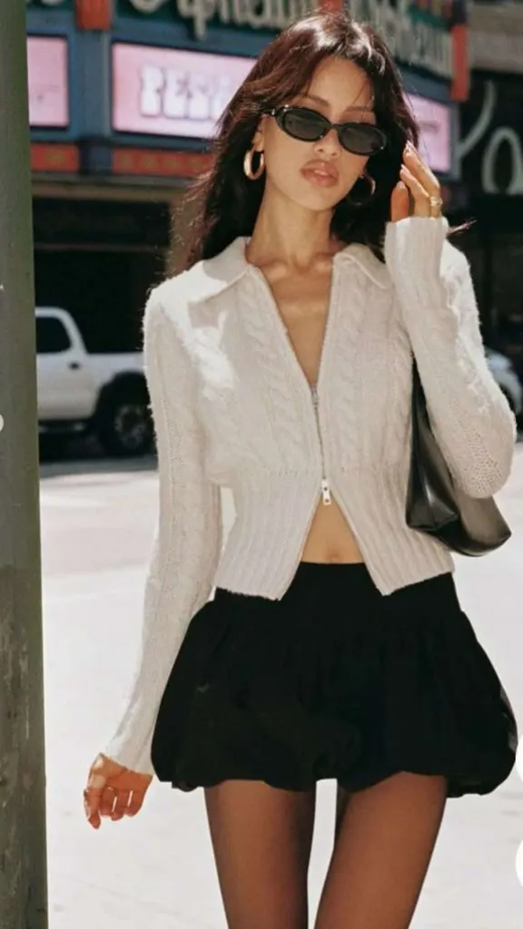 cardigan and bubble mini skirt