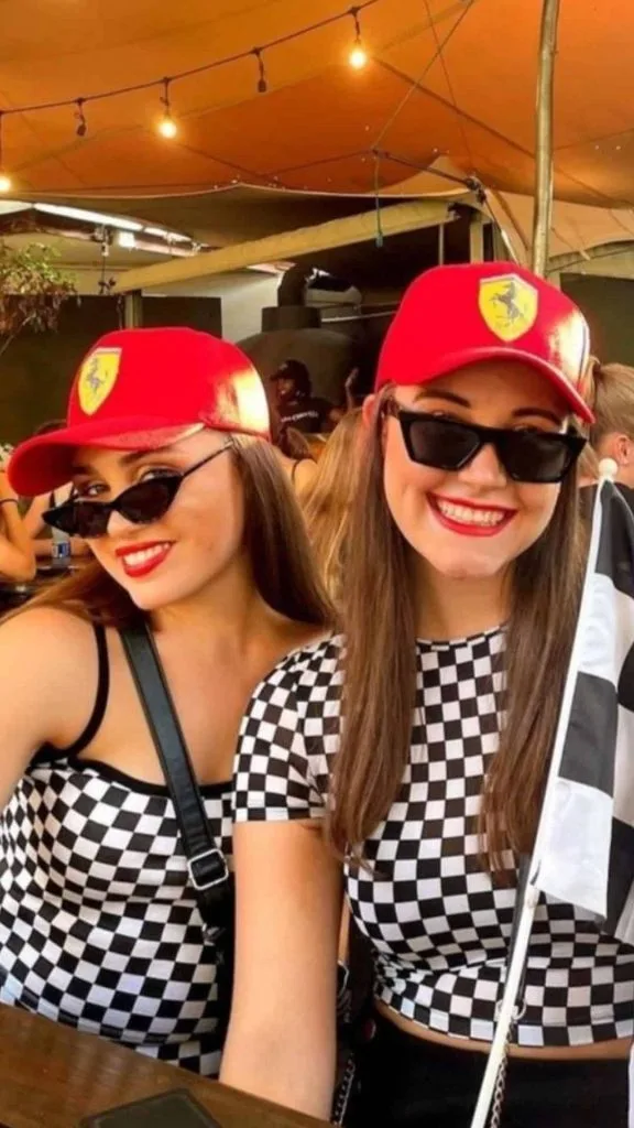 Ferrari cap and checkerboard outfit