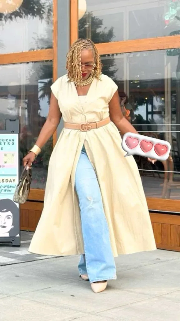 long shirt dress over jeans