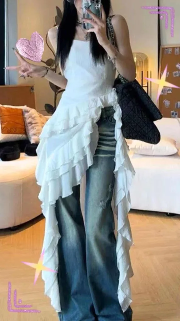 ruffle trim dress over jeans