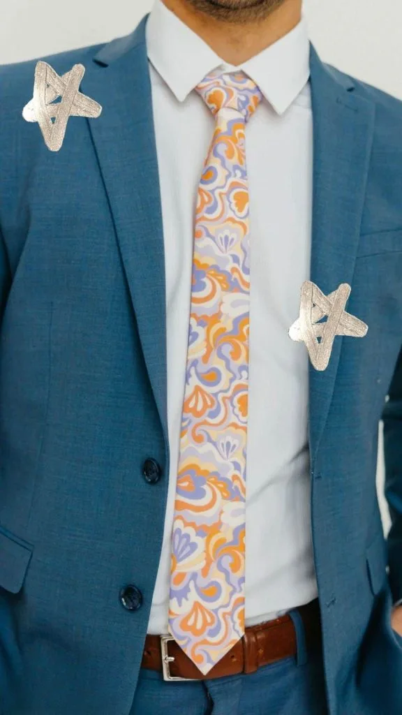 suit and print tie outfit