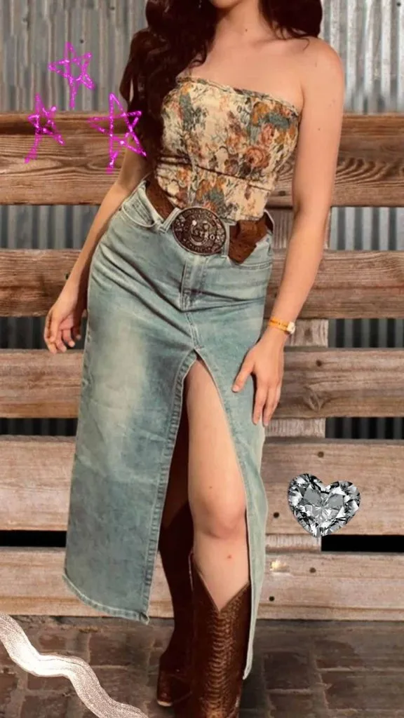cowgirl outfit ideas denim skirt