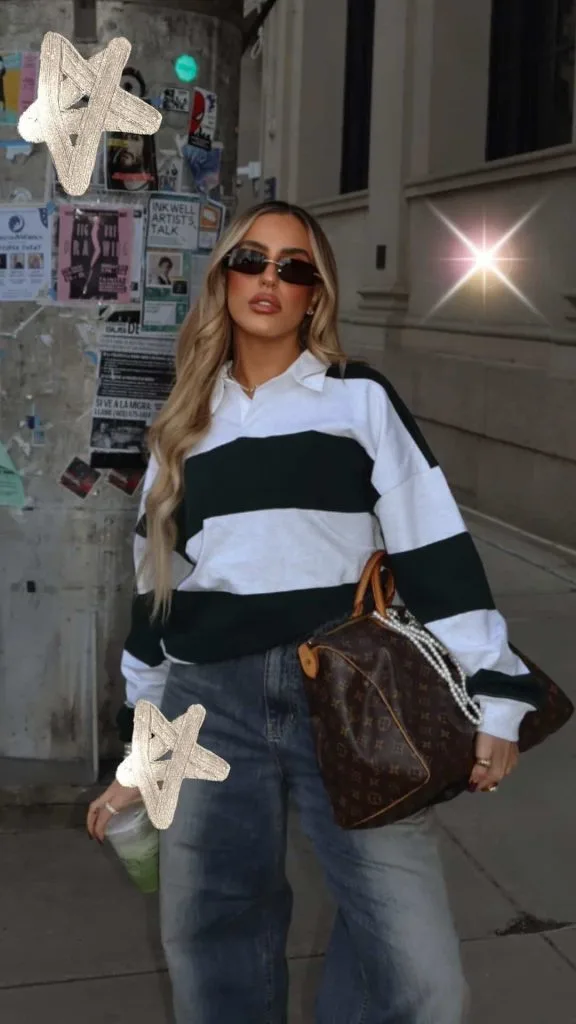 oversized rugby jersey outfit and jeans