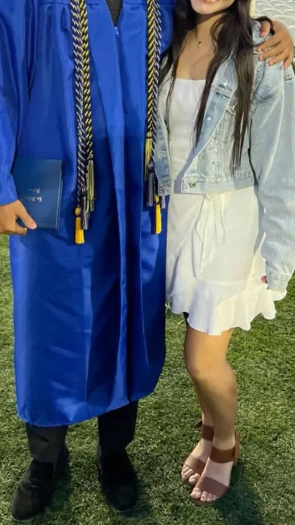 couple graduation outfit denim jacket